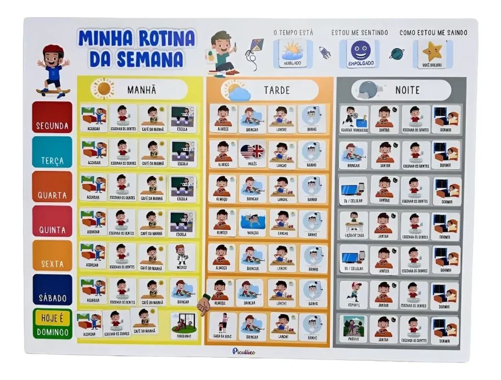 Quadro de rotina infantil magnético Picullico com atividades semanais