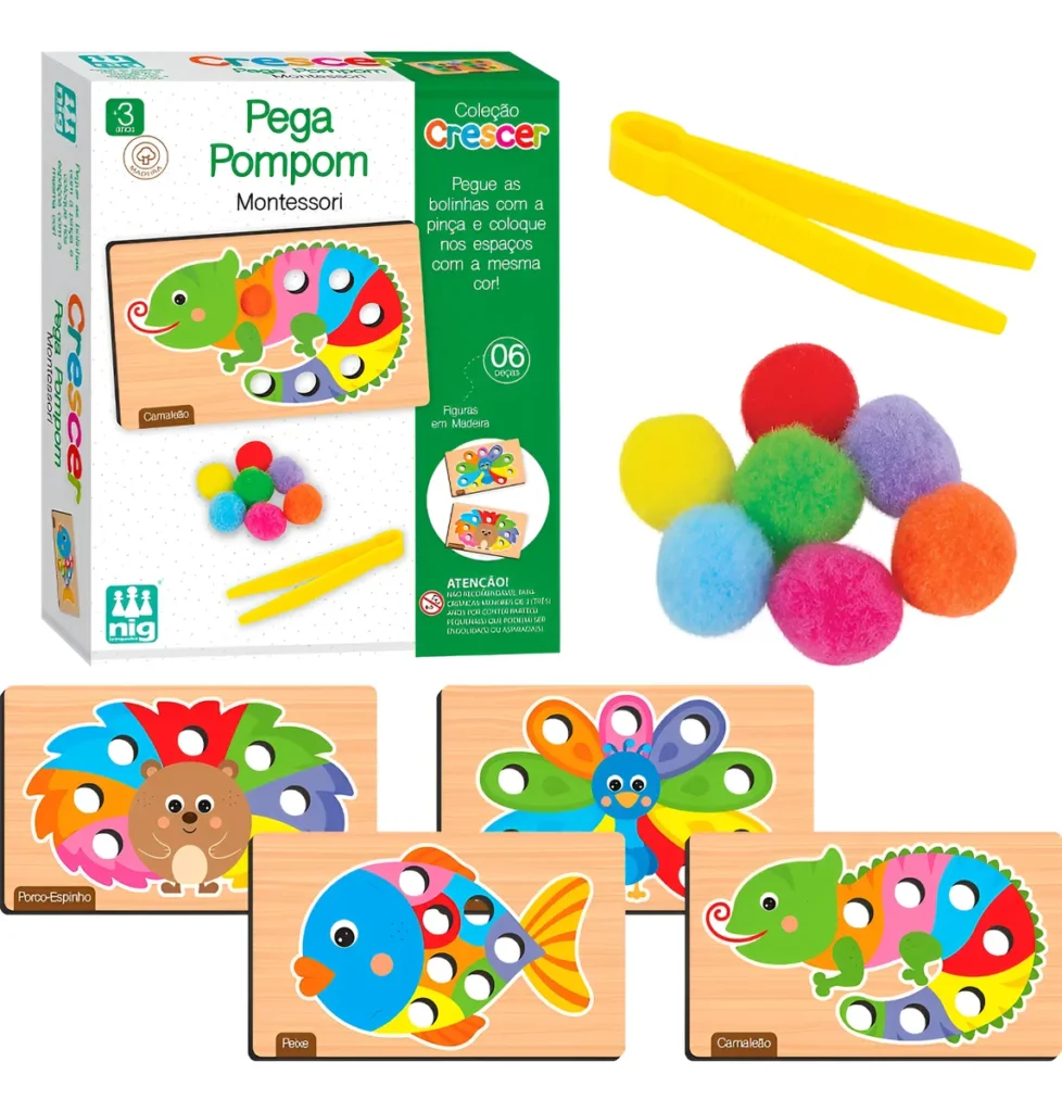 Pega Pom Pom educativo NIG com placas, pinça e pompons coloridos