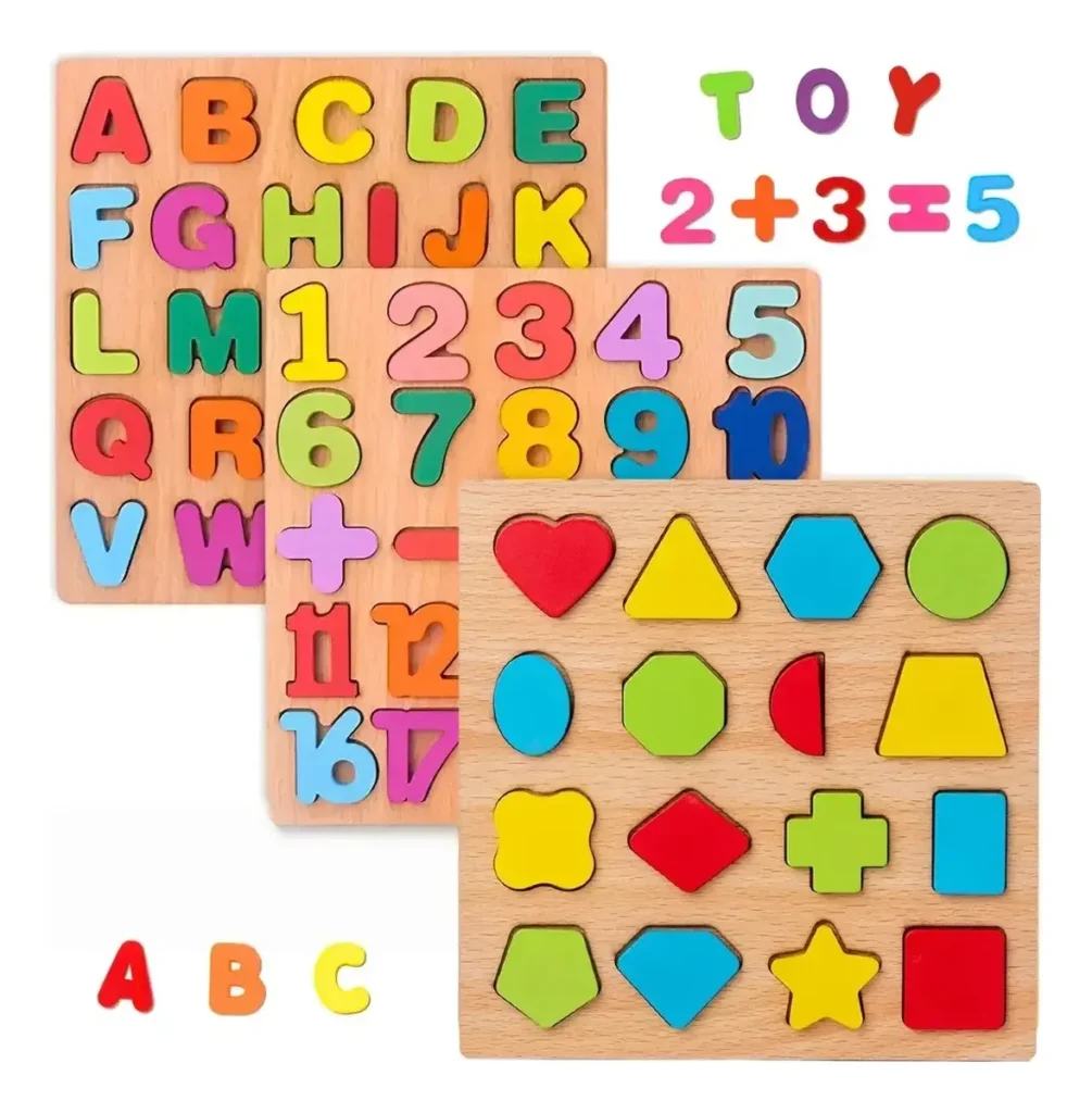 Kit educativo de madeira com letras, números e formas coloridas